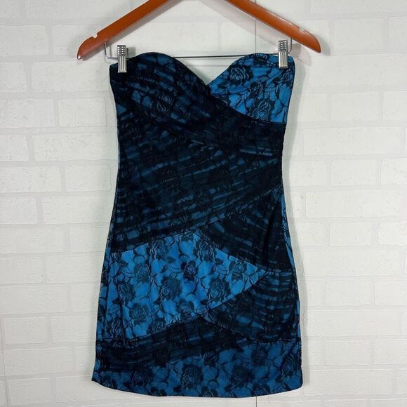 Roberta Vintage Womens Mini Dress size M Blue Black Lace Goth Y2K - Picture 1 of 9